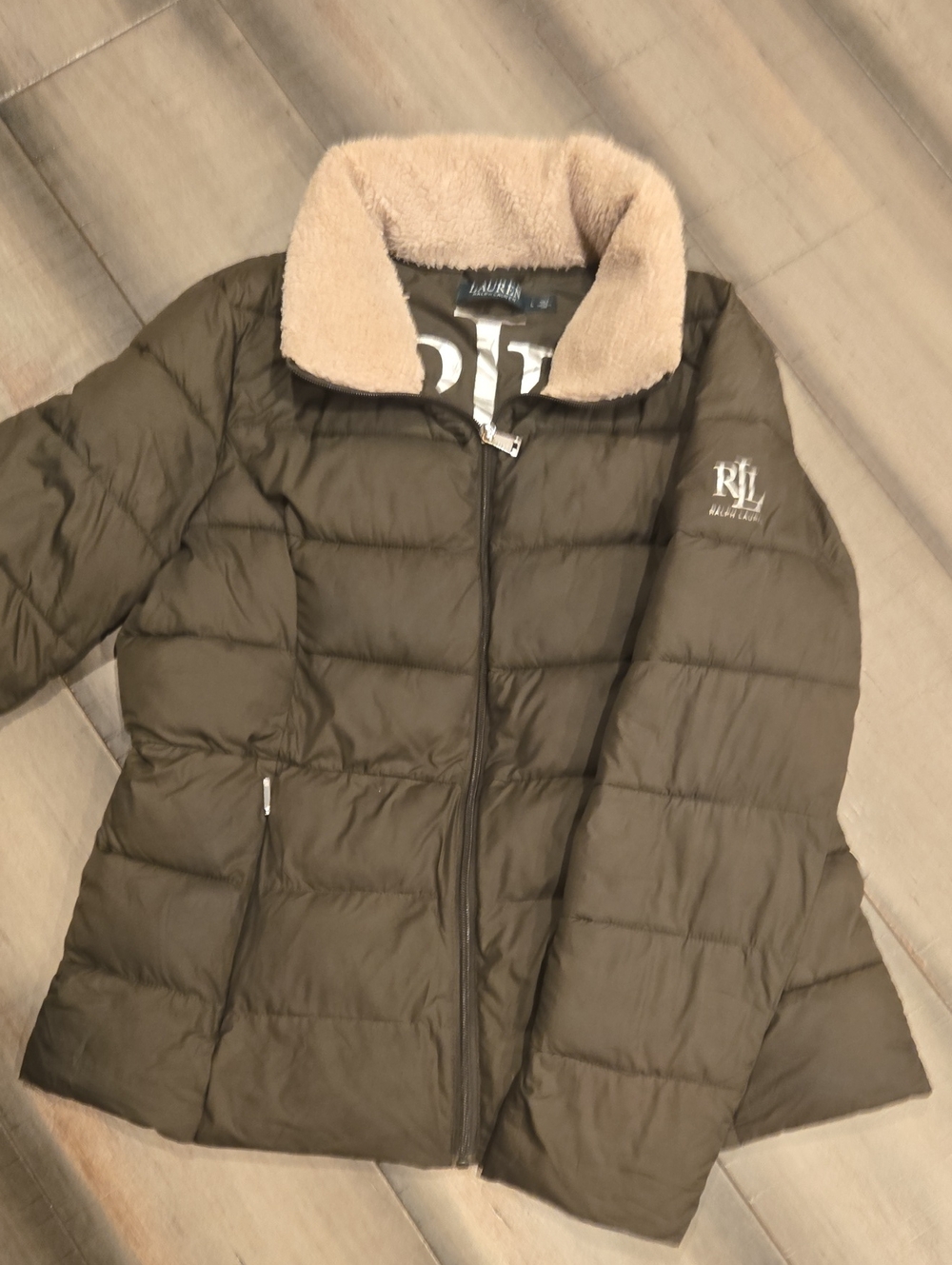 Ralph Lauren Olive Quilted Puffer Jacket with Cream Sherpa Collar